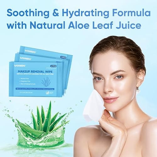 WOUSEDO 100 Count Makeup Remover Wipes, Bulk Gentle Cleansing Facial Towelettes, Individually Wrapped Travel Size,Alcohol-Free & Hypoallergenic for All Skin Types thumbnail 4