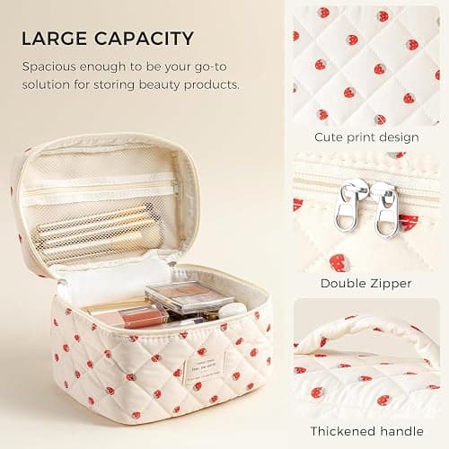 HBselect Large Quilted Makeup Bag for Women Cute Cotton Travel Cosmetic Bag | Floral Coquette Aesthetic Toiletry Organizer Bag with Handle, Portable Multifunctional Makeup Bag, Gifts for Bridesmaids thumbnail 4