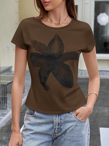 Tankaneo Womens Y2K Graphic Baby Tees Summer Floral Vintage Short Sleeve Tops Slim Fit Cropped T-Shirts thumbnail 2