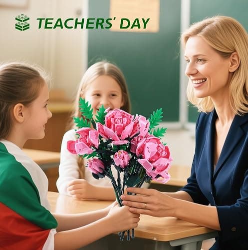 Pink Rose Flower Building Set-10pcs Roses & 2pcs Leaves Botanical Collection, Artificial Flowers for Home Décor, Rose Bouquet Building Kit for Valentine’s Day Christmas Birthday Anniversary (No Vase) thumbnail 5