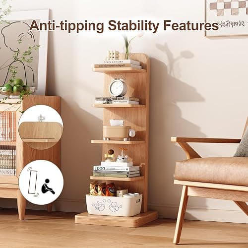 WoodsWhisper Narrow Bookshelf Ladder Bookshelf 5 Shelf Bookcase, Mid Century Modern Bookcase with Freestanding Display Shelves,Anti-tip Device and Thickened Base for Small Space,Living Room, Office - Natural - 5C thumbnail 7