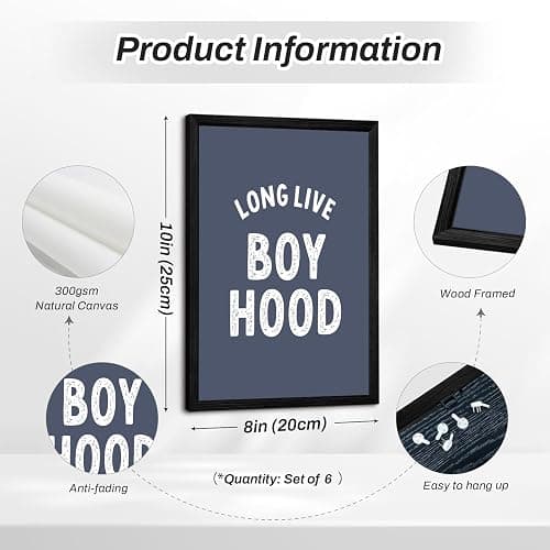 Boy Nursery Wall Art Decor Toddler Baby Boy Room Canvas Pictures Blue Cool Nursery Poster Teen Playroom Prints Long Live Boyhood Artwork for Kids Bedroom 8x10 Inch Black Wood Framed Set of 6 thumbnail 2