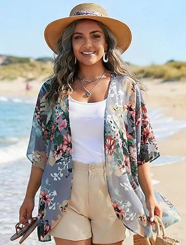 Women's Floral Print Puff Sleeve Kimono Cardigan Loose Cover Up Casual Blouse Tops 2026 thumbnail 2