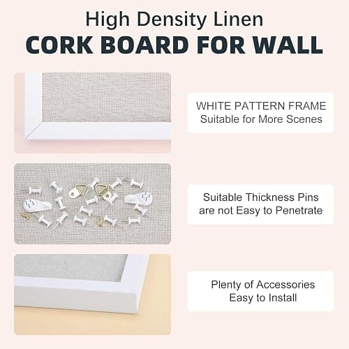 OWLKELA 20'' x 30'' Linen Bulletin Board, White Framed Corkboard, White Oak Frame Linen Cork Board, Vision Board and Decorative Hanging Pin Board thumbnail 7