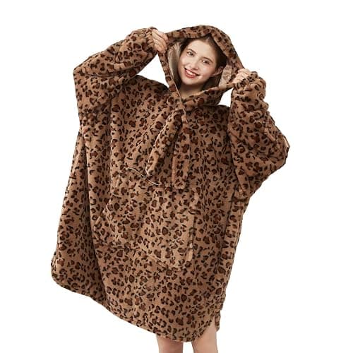 Softan Blanket Hoodie, Oversized Wearable Blanket for Adult Women and Men Gifts, Super Cozy Warm and Soft Hooded Blanket Sweatshirt, Brown Cheetah Print Faux Fur Blanket Sweatshirt with Large Pocket - Image 1