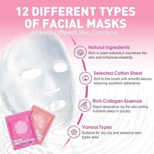 12 Pack Collagen Hydrating Face Masks Skincare, Face Mask for Dry Skin | Sheet Facial Masks Set for Women Skin Care, Face Mask Bulk Spa Gifts thumbnail 2