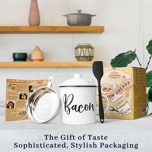 Bacon Grease Container with Strainer - With Food-Grade Silicone Spatula , 46oz Large Enamel Rustic Farmhouse Fat Container , Keeper , Recipes , Dishwasher Safe thumbnail 7