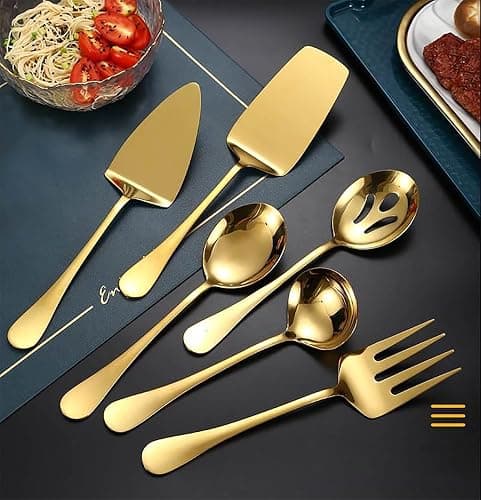 AARAINBOW Large Serving Utensils Set , 8 Pcs Metal Serving Cutlery Set for Parties, Stainless Steel Spoons Fork Tong Ladle for Buffet Catering, Hostess Chefs, Matte Gold thumbnail 5
