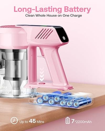Cordless Vacuum Cleaner, 40Kpa 45Mins Vacuum Cleaners for Home, 8-in-1 Lightweight Stick Vacuum with Powerful Suction, Anti-tangle Wireless Vacuum for Carpet, Tile, Pet Hair, Hardwood Floors, Pink - Pink thumbnail 6