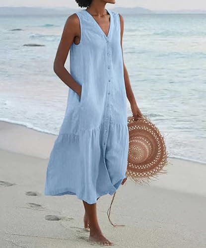 chouyatou Women's Summer Sleeveless Button Down Cotton Tank Dress Loose A-Line Tiered Tunic Beach Dress thumbnail 2