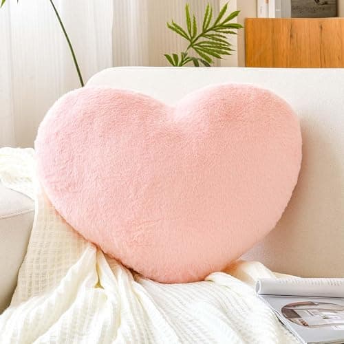 XVTRU Pink Heart Pillows, Cute Heart Decorative Pillow, Heart Shaped Throw Pillows for Bed, Faux Rabbit Fur Plush Hoom Decor Pillow Cushion for Chair Sofa Living Room (Mini 12.9" x 9.8") - Image 1