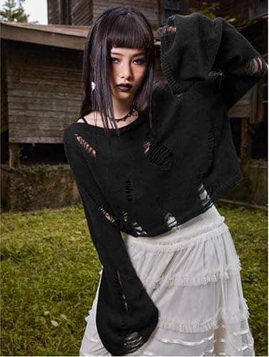 Goth Y2K Striped Sweater Grunge Ripped Punk Gothic Sweaters for Women Harajuku Aesthetic Halloween Pullover Tops thumbnail 3