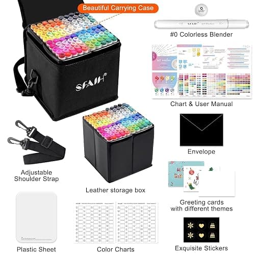 SFAIH Alcohol Markers Fine & Chisel - 101 Colors Double Tipped Art Markers for Adult Coloring Sketch Illustration Comics, Gifts for Artist Adult - Greeting Card & Faux Leather Lining, Refillable Ink thumbnail 5
