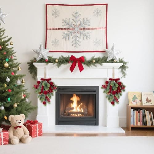 Super Holiday Christmas Decorations, 2PCS Artificial Green Plant Front Door Wreaths Hanging Decoration with Velvet Bow/Ball/Berry, for Winter Home Indoor Outdoor Wall Holiday Decor.(Burgundy) thumbnail 2