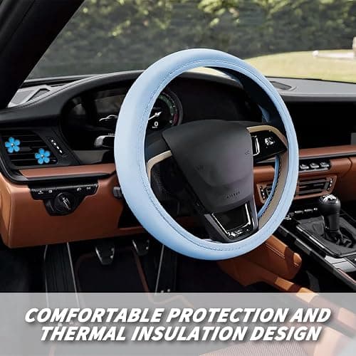 KHGUZ 10PCS Car Accessories Set, Vehicle Steering Wheel Cover Seatbelt Protector Cup Holder Coaster Push Start Button Cover Flower Auto Air Vent Clip, Universal for SUV, Truck, RV (Blue) thumbnail 6