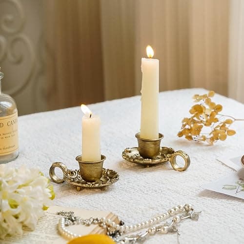 NIKKY HOME Vintage Gold Taper Candle Holders Set of 2, Handle & Drip Tray | Small Metal Candlestick, Embossed Ornamentation, Old‑Fashioned Accent for Table Centerpieces, Weddings & Housewarming Display thumbnail 2