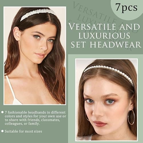 YONOY 7Pcs Fashion Headband Set for Women & Girls with Different Designs - Non Slip Floral, Pearl and Vintage Wide Headbands (Green) thumbnail 4