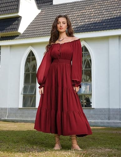 Scarlet Darkness Women Renaissance Off Shoulder Long Sleeve Smocked Waist Tiered Long Maxi Dress thumbnail 2