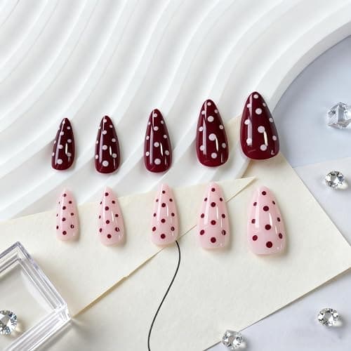 Cute Polka Dot Press on Nails Almond Medium Pink Red Fake Nails with Designs Gel Artificial Nails Press Ons Gel Acrylic Glue on Nails Medium Length Full Cover Stick on Nails for Women 24Pcs thumbnail 5