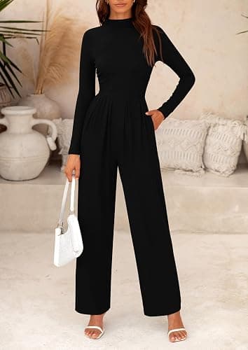 PRETTYGARDEN Long Sleeve Wide Leg Jumpsuits for Women | Soft Stretchy Mock Neck, One Piece Travel Outfit, Comfy Pockets, Elegant Romper for Fall Spring Work, Casual Outing & Cruise thumbnail 3