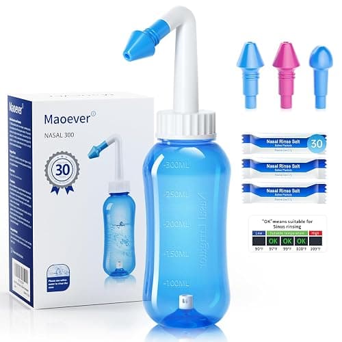 MAOEVER Neti Pot Sinus Rinse Bottle Nose Wash Cleaner Pressure Rinse Nasal Irrigation for Adult & Kid BPA Free 300 ML with 30 Nasal Wash Salt Packets and Sticker Thermometer(Blue) - Image 1