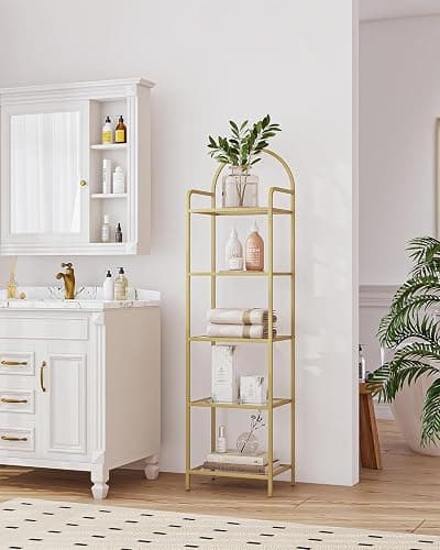 Hzuaneri Bookcase Bookshelf, Tempered Glass Bookshelves, Slim Shelving Unit for Bedroom, Bathroom, Home Office, Steel Frame, 5 Tier Gold BC05001G thumbnail 8