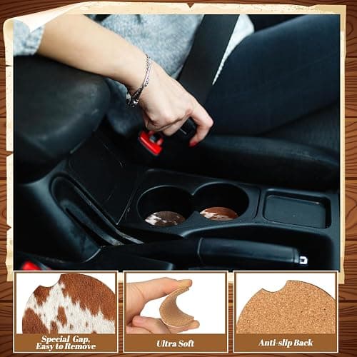 Sieral 6 Pcs Western Cow Print Car Coasters for Cup Holders, 2.56 Inch Absorbent Cork with Finger Notch, Brown Cow Print for Cars & Trucks, Western Car Accessories for Women Men thumbnail 4
