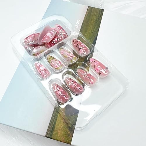 30Pcs Pink Flower Press on Nails Medium Almond Fake Nails with 3D Pearl Rhinestones Designs Glue on Nails Peach Blossom Acrylic Nails Cute Cat False Nails Bow Stick on Nails for Women Nail Supplies thumbnail 6