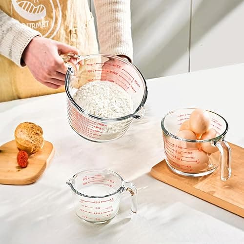 KOMUEE 4 Piece Glass Measuring Cups Set, 5 Oz, 1-Cup, 2-Cup, 4-Cup Liquid Measuring Cups with Lids for Kitchen, Freezer and Microwave Safe thumbnail 2
