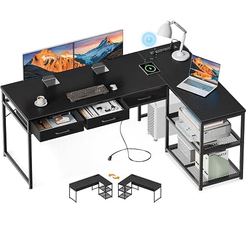 AODK 61 Inch L Shaped Computer Desk with Drawers, Corner Desk with Power Outlets & Reversible Storage Shelves, for Home Office Gaming, Black - Image 1