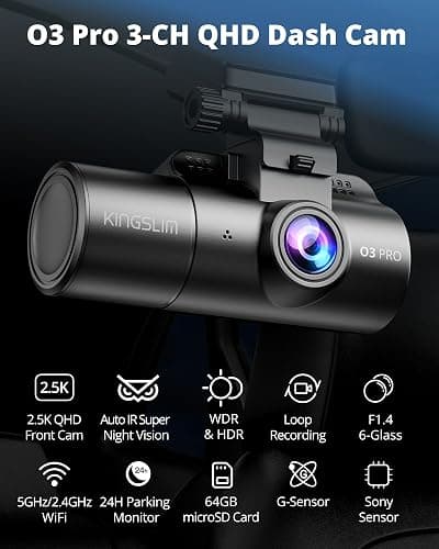 Dash Cam Front and Rear Inside, 3-Channel 2.5K FHD Dash Camera for Cars with 2" Screen, Wireless Dashcam with 5GHz WiFi, 64GB Card, Car Camera Front and Back, Auto IR Night Vision, HDR, G-Sensor thumbnail 2