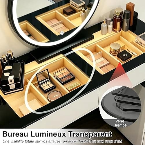MJKCBD Moderne Coiffeuse avec Miroir à LED & 5 Tiroirs | 100cm Coiffeuse avec Table Transparente Lumineuse, 3 Couleurs, Parleur Bluetooth, Chargement Sans Fil / USB thumbnail 3