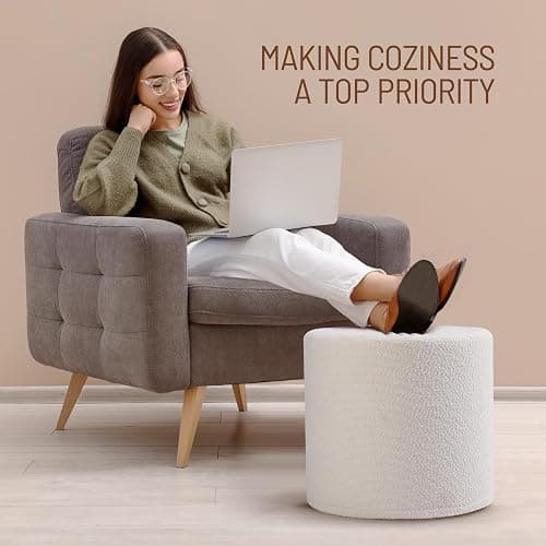 KKdema White Round Ottoman Foot Rest Stool – Clean Boucle Fabric Footstool with Soft Foam Filling, Lightweight Modern Pouf for Minimalist Living Room, Bedroom, Office – Pure White thumbnail 5