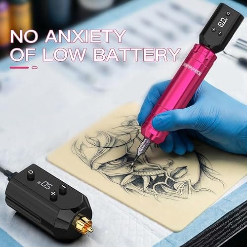 Wromhole Tattoo Pink Wireless Tattoo Kit Rotary Tattoo Pen Machine with 2 Rechargeable Power Supplies 10 Tattoo Inks 20 Cartridge Needles Complete Tattoo Supplies for Beginners thumbnail 6
