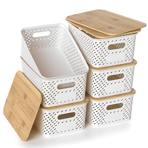 ZFTMRR Plastic Storage Bins with Bamboo Lids, Stackable Small Box Baskets for Organizing and Containers for Shelves Drawers Desktop Closet Pantry Classroom Office Home, 6 Pack 10.2x7.2x4.1 Inch, White - Image 1