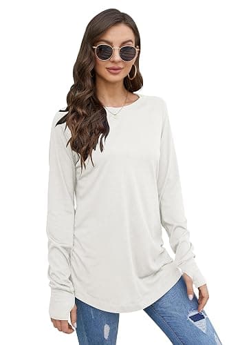 Fisoew Women's Casual Long Sleeve Tops Crew Neck Round Hem Loose T-Shirts Tunic Tops with Thumb Holes thumbnail 3