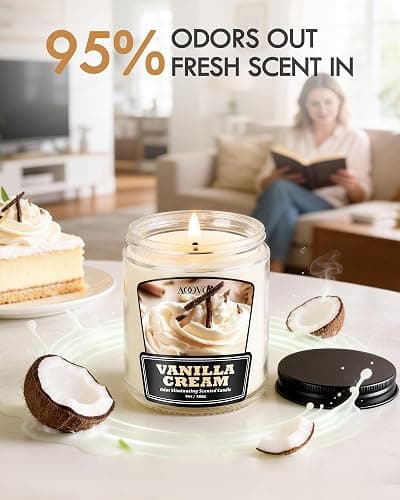 AOOVOO Vanilla Cream Odor Eliminating Candle - 9 oz Non Toxic Highly Fragranced Air Freshing Soy Candle, Eliminates 95% of Smoke, Pet, Food, and Other Smells Quickly, Up to 50 Hours Burn time thumbnail 4