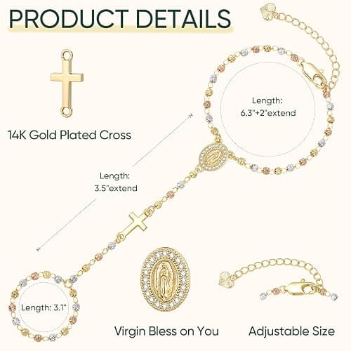 Gold Rosary Hand Chain Bracelet - 14k Gold Plated Virgin Mary Ring Bracelets,Non Tarnish Dainty Golden Rosarios Catolicos Hand Chains Jewelry,Trendy Religious Rosary Beads Hand Bracelet Gift for Women thumbnail 5