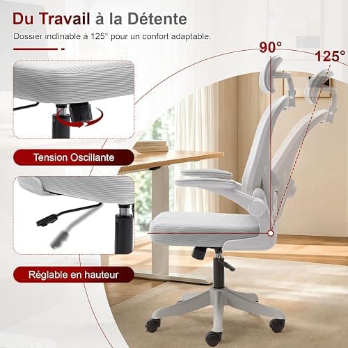 WXJHL Chaise de Bureau Ergonomique avec Soutien Lombaire Réglable, Fauteuil de Bureau avec Appui-Tête et Accoudoirs Relevables, Chaise Informatique pour Télétravail et Étude, Blanc thumbnail 7