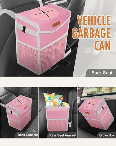Pritent Car Trash Can with Lid, Cute Leakproof Car Trash Garbage Bag Hanging Vehicle Trash Bin Small Portable Automotive Garbage Cans Organizer for Back/Front Seat(Trapezoid,Pink thumbnail 6