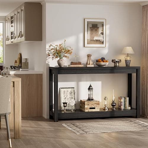 Besiost 47" Farmhouse Wood Entryway Table Narrow Console Table with Storage Behind Couch Sofa Table with Shelves for Entry Way with Open Storage, Easy Assembly, Embossed Wood Grain Black thumbnail 6