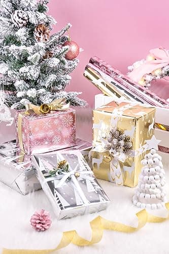 WRAPAHOLIC Christmas Wrapping Paper Roll - Mini Roll - 3 Rolls - 17 Inch X 120 Inch Per Roll - Christmas Tree, Reindeer, Snowflake Holiday Collection with Metallic Foil Shine thumbnail 4
