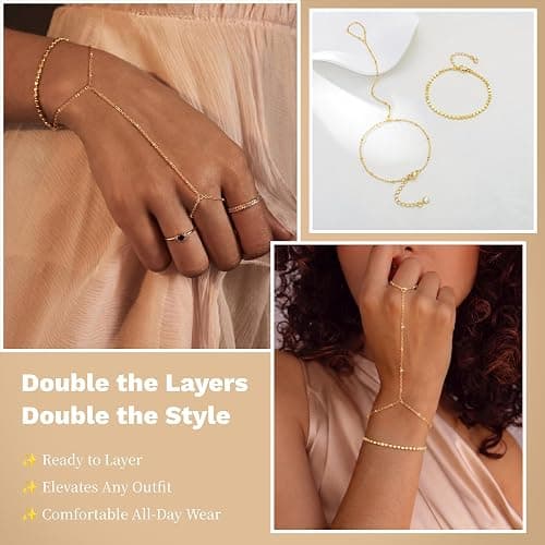Moodear Gold Hand Chain Bracelet for Women | 14K Gold Plated Hand Chains, Layered Adjustable Satellite Bead Link Ring Bracelets, Hypoallergenic Trendy Jewelry Gift thumbnail 3