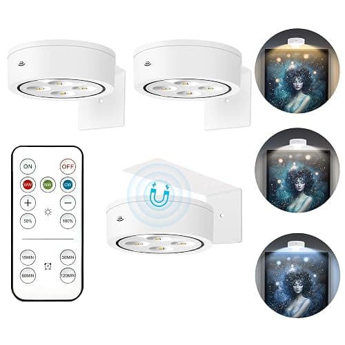 3Pcs Picture Light Battery Operated, Wireless Led Painting Light with Remote Dimmable and Timer, 3 Lighting Modes Art Display Light for Picture Frame Artworking Portrait, Wall Decorative Puck Lights - Image 1