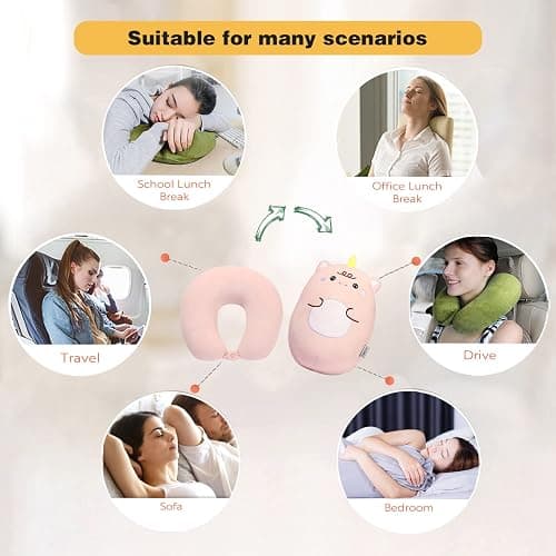 stocaggio Kids Travel Pillow - 2-in-1 Deformable Kids Neck Pillow for Traveling, Soft U-Shaped Pillow with Adorable Animal Design, Comfy Sleep and Play, Ideal for Airplanes and Cars - Pink Unicorn thumbnail 6