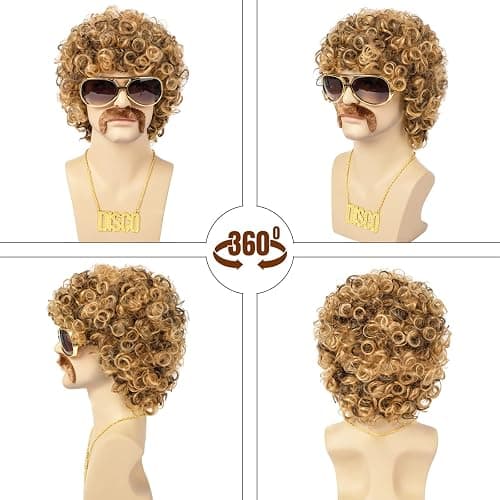 TUOFLY Disco Wig 5Pcs Set (Wig+ Glasses+ Necklace+ Mustache+ Wig Cap) 70'S Costumes Wig Afro Wig Men Short Curly Natural Fluffy Synthetic hair Wig for Halloween Disco Party thumbnail 2