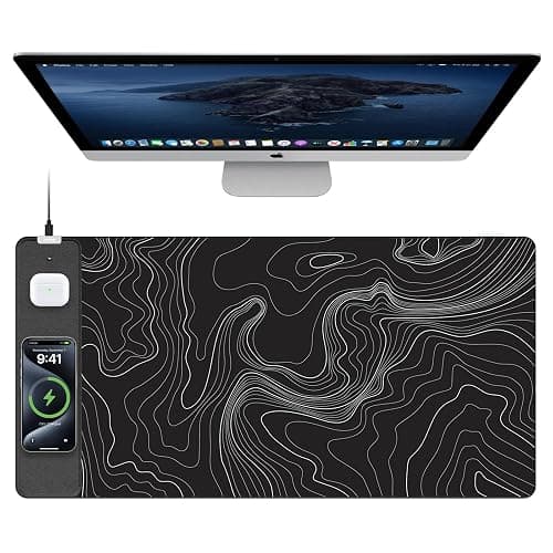 TopMade Mouse Pad with 15W Fast Wireless Charging, 31.5"x15.75" XXL Large Gaming Waterproof Desk Pad with Ultra-Smooth Surface, Non-Slip Base, Computer Desk Mat, Black Topographic Map #2 - Image 1