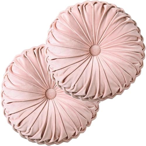 HIG Set of 2 Pink Ruched Velvet Round Throw Pillows – 14.5’’ Decorative Pillows with Soft Polyester Filling for Couch, Bed, Living Room, Bedroom, or Dorm – Handmade, Stress Relieving, All-Season - Image 1