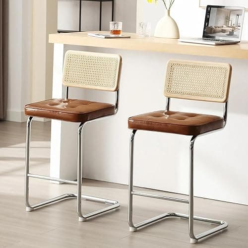 Zesthouse Natural Rattan Bar Stools Set of 2, Modern Counter Height Stools with Solid Wood Back, 26'' Counter Height Chairs, Mid Century Cantilevered Bar Chairs for Kitchen Island, Faux Leather Brown - Brown Faux Leather - 26'' Height - Image 1