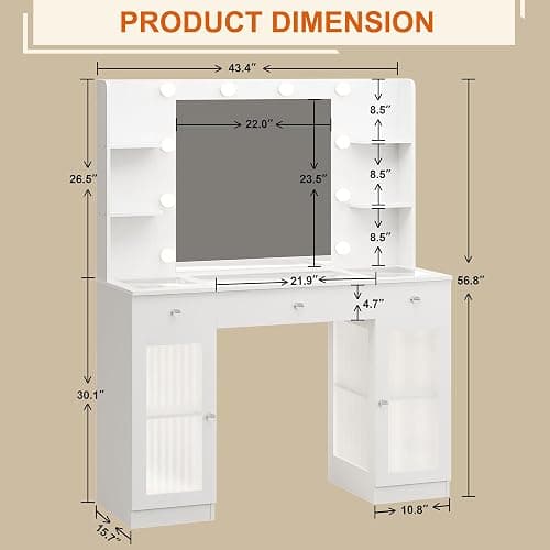 IFSEB Makeup Vanity with Glass Top, White Vanity Desk with Mirror and Lights, Big Vanity with Drawers & Cabinets for Bedroom, Cute Vanity with Crystal Knobs & Power Outlet for Women thumbnail 2